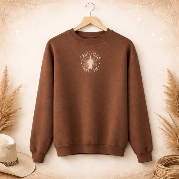 Hi Res Tops - Von Maur Hi Res brand Brown Crewneck w/ pink Nashville Tennessee embroidery